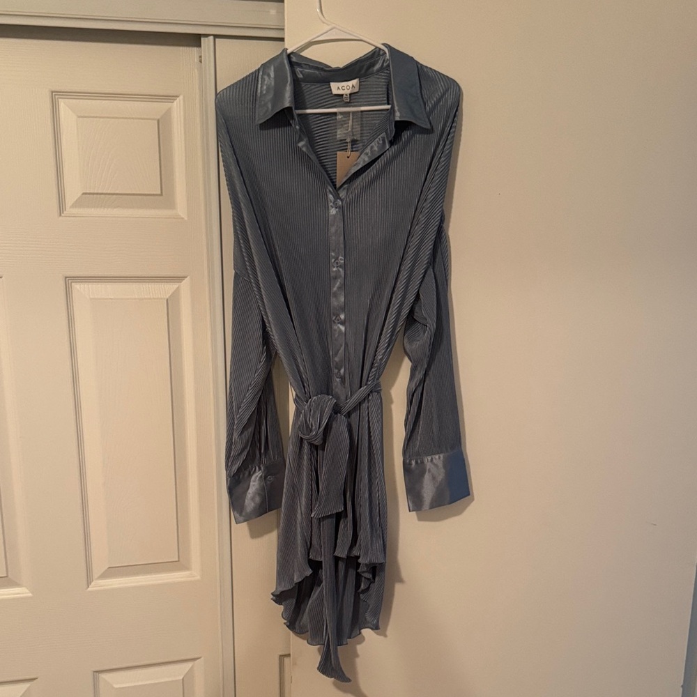 Blue Silky Long Sleeve Shirt Dress